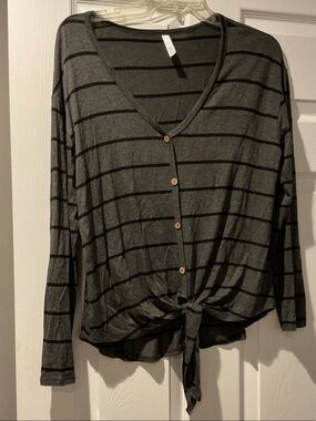 Gray Striped Tie-Front V-Neck Top Ties In Front